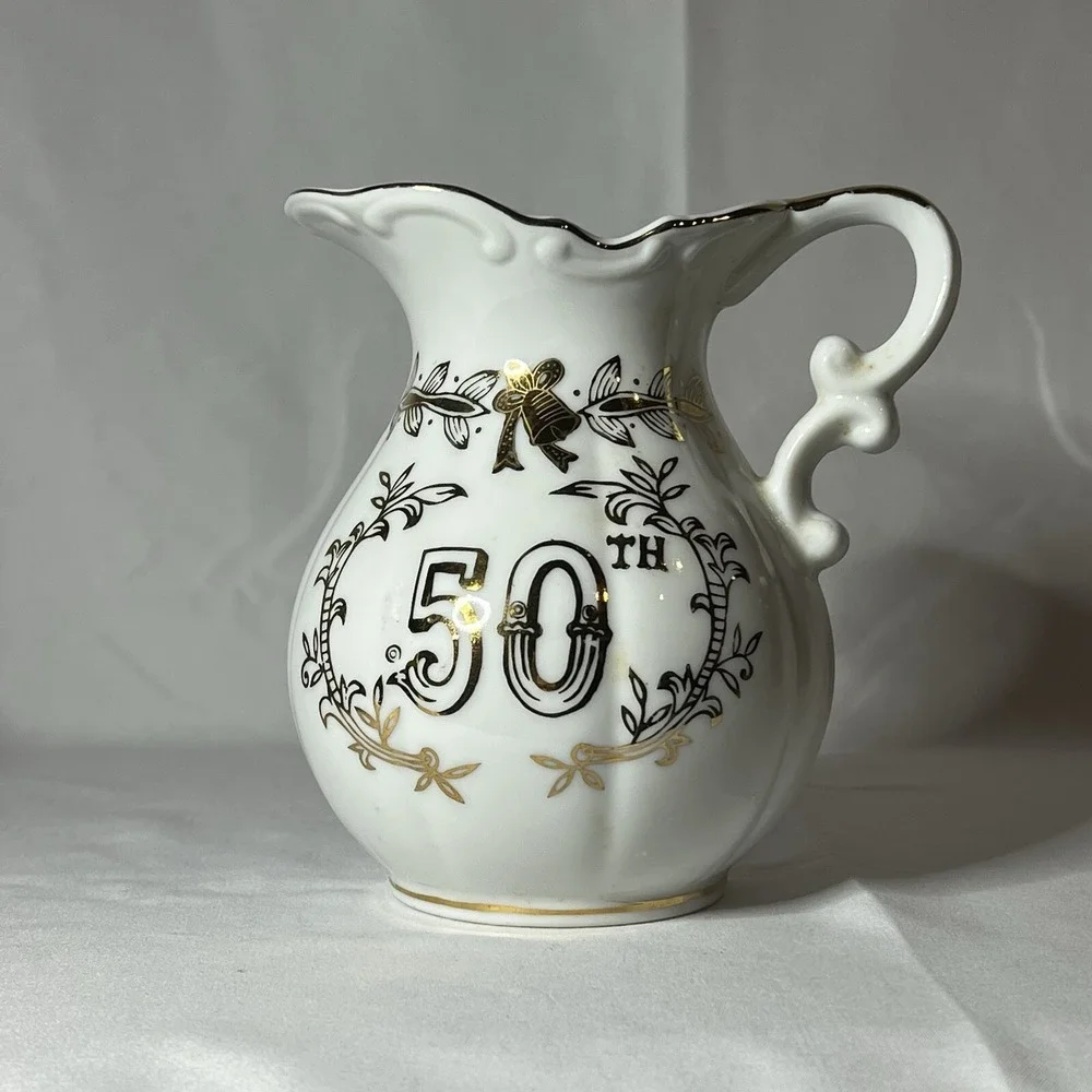 Vintage Lefton China 50th Anniversary Creamer/Mini Pitcher Hand Painted 5.5in‎